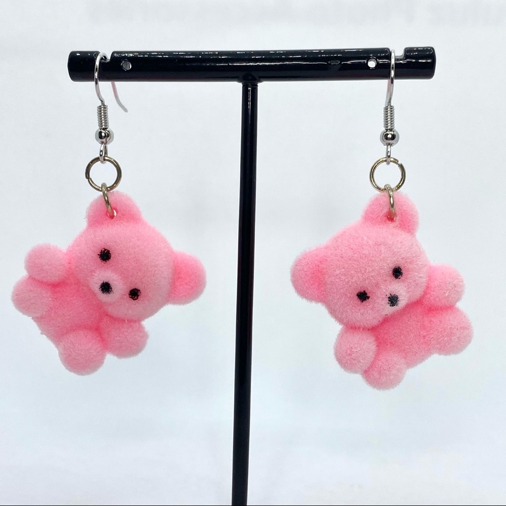 Fuzzy pink teddy bear earrings